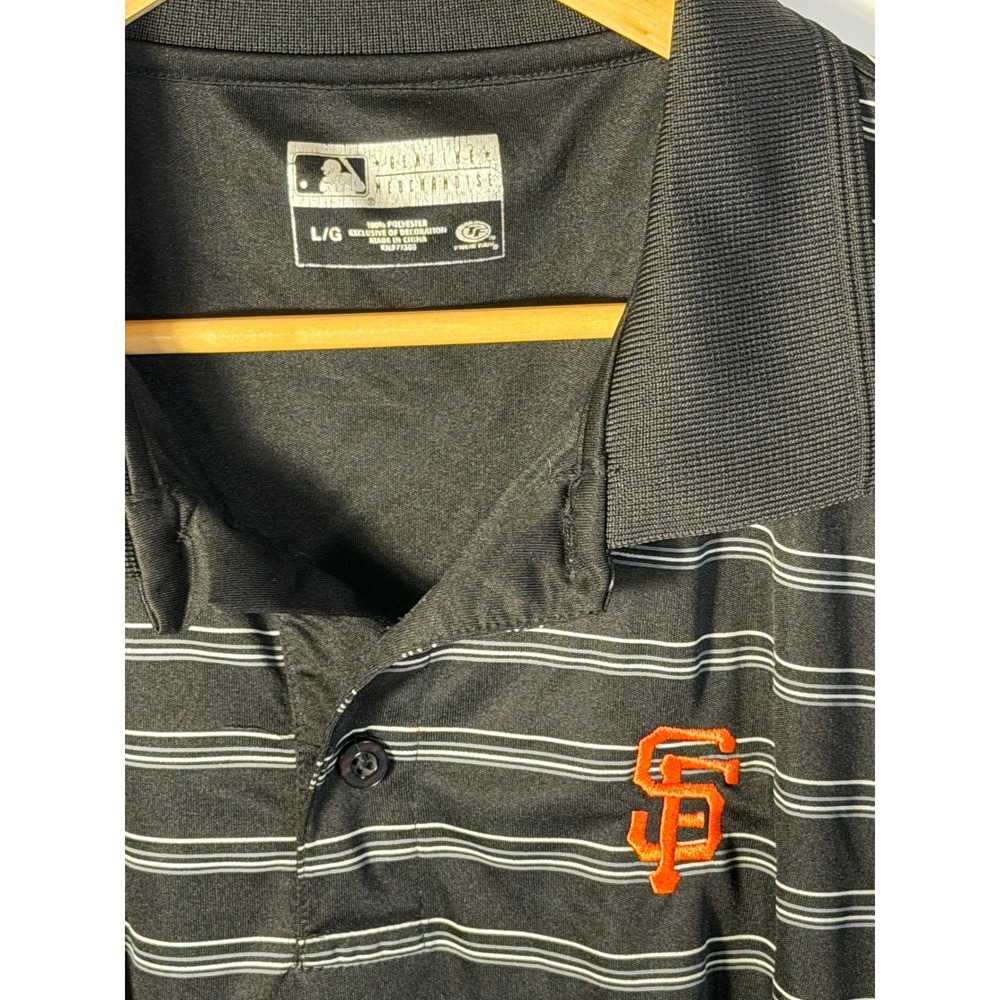 True Fan MLB San Francisco Giants Mens Large Black Striped Polo Shirt SF Logo